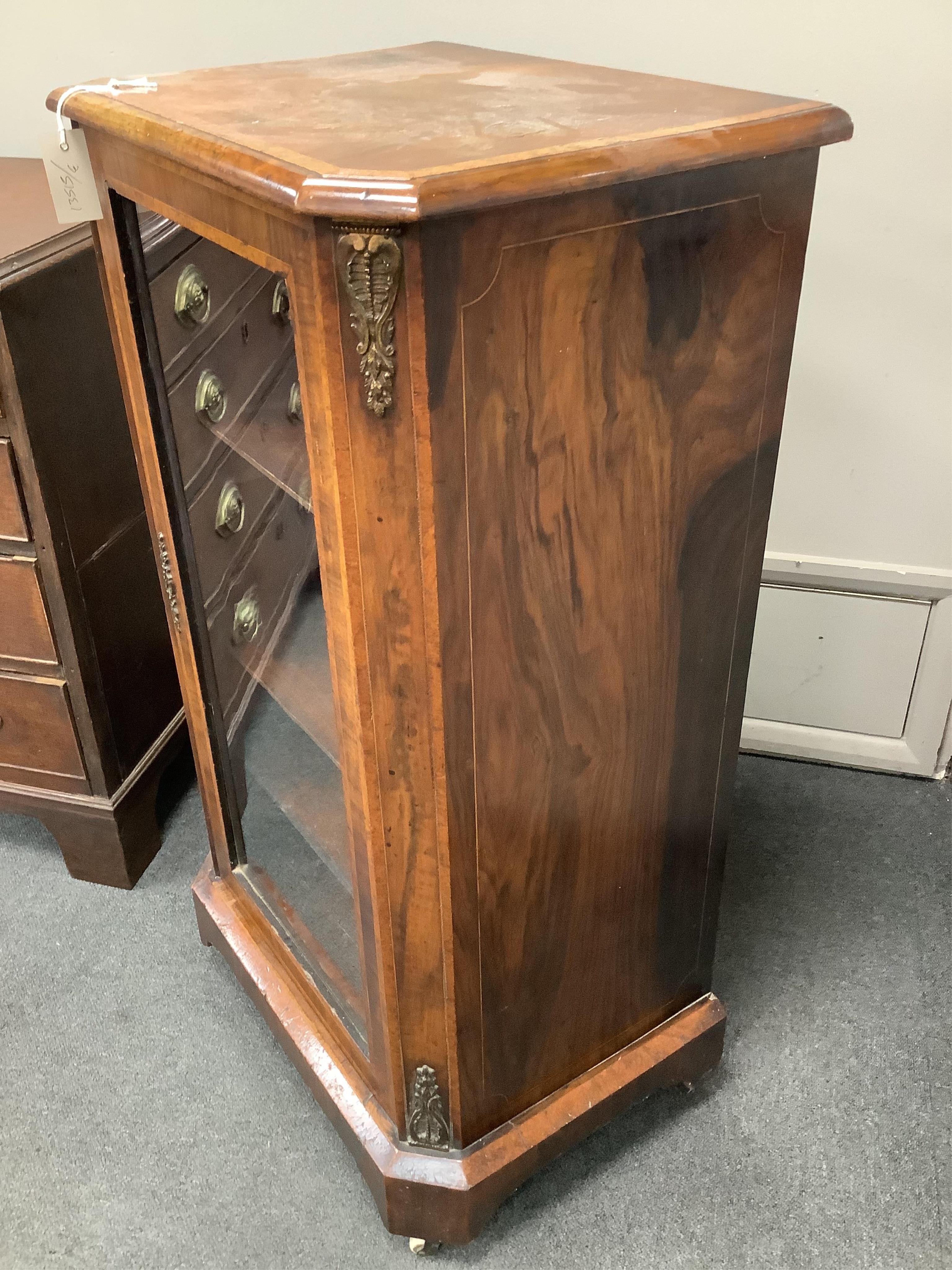 A Victorian banded, gilt metal mounted walnut music cabinet, width 54cm, depth 39cm, height 100cm. Condition - fair